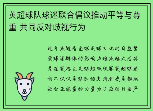 英超球队球迷联合倡议推动平等与尊重 共同反对歧视行为