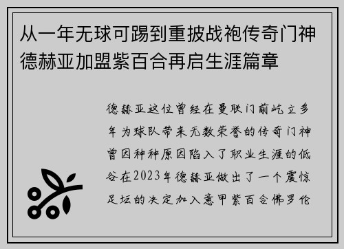 从一年无球可踢到重披战袍传奇门神德赫亚加盟紫百合再启生涯篇章